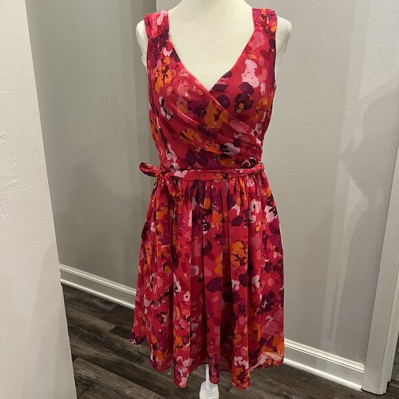 Express Pink Red Floral Faux Wrap Sheath Belted Dress Sz 0  Zipper (A0126) - Picture 1 of 7